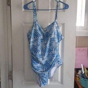 Catherine Maladrino Blue/White Tropical Leaf Bathing Suit Size XL